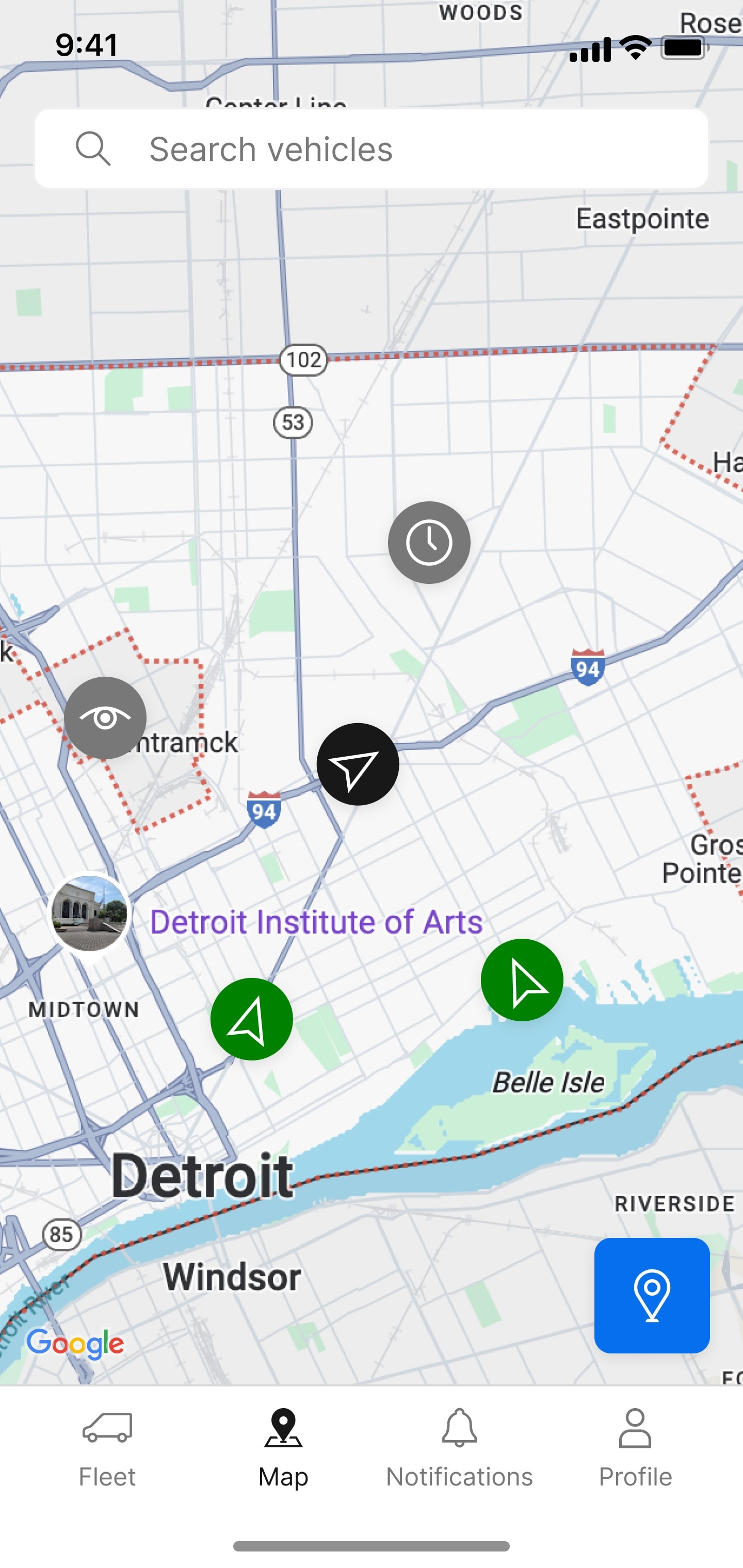  A screenshot of the Ford Pro Telematics Drive app, showing the Google Maps integration, as well as updated pins and icons.  